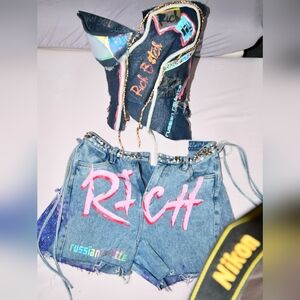 Denim Corset and Shorts Set with Pink Accents